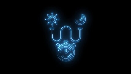 Glowing neon icon animation depicting 24 hour cycle with sun moon and clock - Powered by Adobe