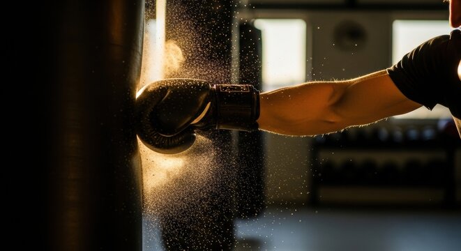 Gloved fist of a powerful boxer strikes a heavy punching bag, creating an explosion of dust particles illuminated by dramatic golden backlight in a dark gym - Powered by Adobe