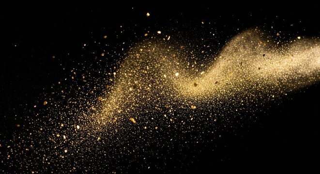 Shimmering golden glitter dust particles flowing in a dynamic wave-like motion creating a luxurious and celebratory abstract background isolated on black