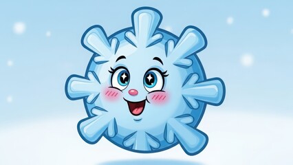 Obraz premium Adorable blue cartoon snowflake character with a cheerful expression, sparkling eyes, and blush, floating in a soft winter scene