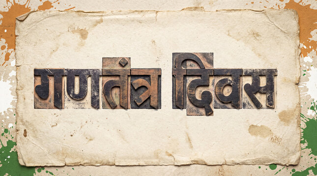 Old letterpress type forming republic day in hindi, on textured paper with a subtle indian flag color scheme
