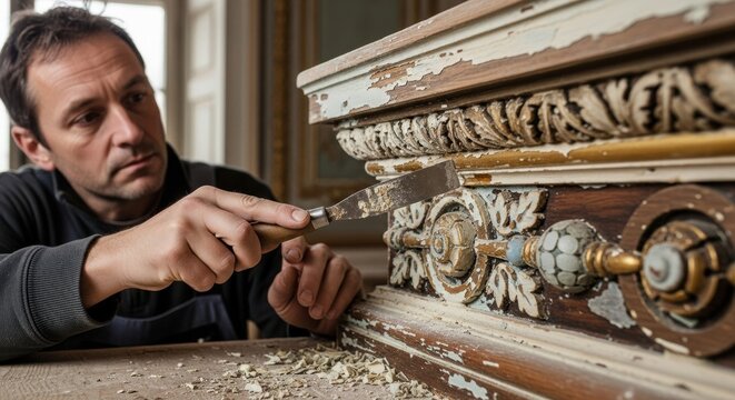 Focused male restorer carefully scraping old paint from an ornate antique wooden furniture piece with a chisel in a workshop, showcasing meticulous craftsmanship and heritage preservation