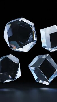 Clear, faceted and cuboid glass shapes suspended against a dark, reflective background