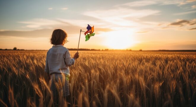 Young child holding a colorful pinwheel stands in a golden wheat field watching the beautiful sunset, creating a serene and nostalgic atmosphere - Powered by Adobe