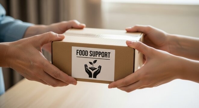Cardboard food support donation box being passed between two people's hands in a concept of charity, volunteering, and community aid for the poor and hungry during a crisis