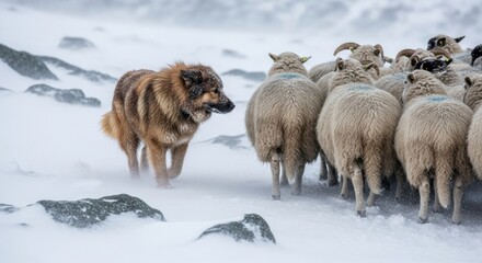 Fototapeta premium Resilient brown sheepdog with snow-dusted fur carefully herds a flock of woolly sheep during a heavy blizzard in a stark, cold winter landscape