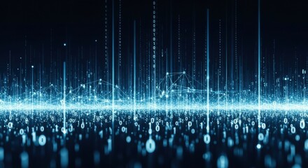Abstract blue glowing binary code and network connection streams rising in a futuristic digital landscape with a shallow depth of field on a dark background