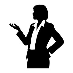 Silhouette of a woman in business attire presenting with open hand pose