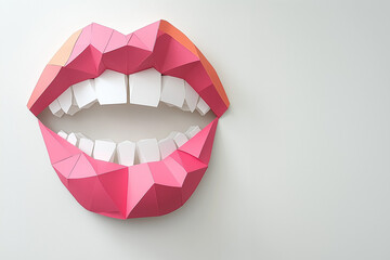 Geometric paper-crafted lips and teeth arranged in a clean 3:2 composition, featuring sharp angular shapes, warm tones and a modern handcrafted aesthetic.