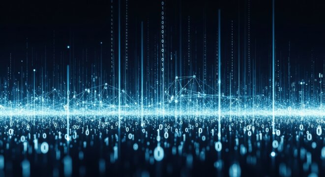 Abstract blue glowing binary code and network connection streams rising in a futuristic digital landscape with a shallow depth of field on a dark background