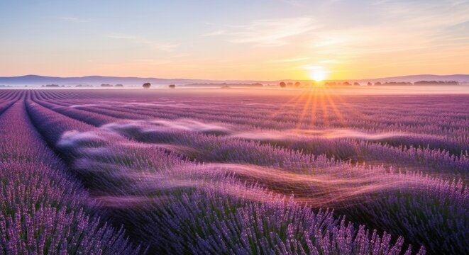 Vast purple lavender field with flowing rows covered in a mystical morning mist, glowing in the warm golden light of a beautiful sunrise over distant hills