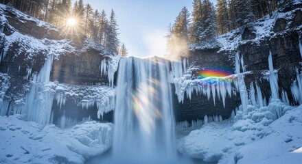 Majestic frozen waterfall with flowing water and large icicles cascading down a rocky cliff in a snowy forest landscape with a bright sunburst and a beautiful rainbow