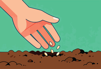 A hand sows seeds into dark soil against a teal background. Seeds fall from fingers, some sprout