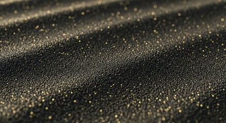 Black textured material with sparkling gold glitter shimmering in soft diagonal light with a beautiful bokeh effect, creating a luxurious and elegant abstract background
