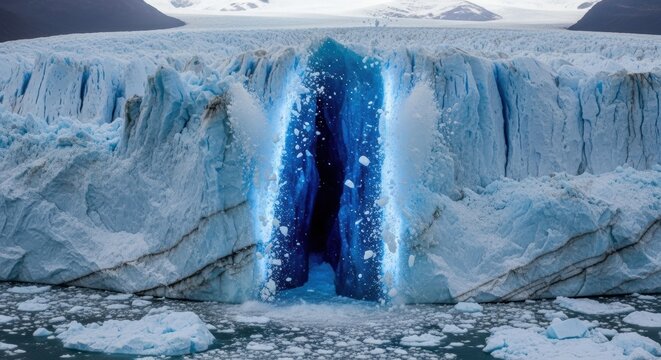Massive blue glacier calving dramatically into cold water, creating a powerful splash that reveals a deep crevasse amidst floating icebergs in a vast polar landscape - Powered by Adobe
