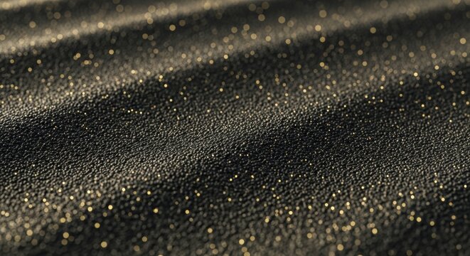 Black textured material with sparkling gold glitter shimmering in soft diagonal light with a beautiful bokeh effect, creating a luxurious and elegant abstract background