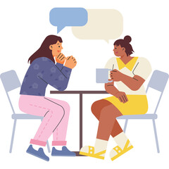 Two diverse women sitting at a table having a conversation with speech bubbles above them and holding cups, illustration, transparent background