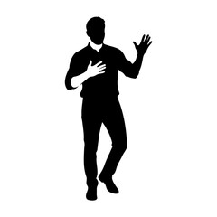 Silhouette of a man standing with hand gestures in a black and white image