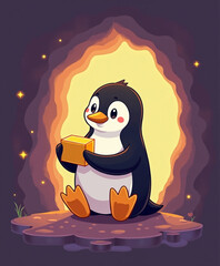 Cute Cartoon Penguin Holding Yellow Object on Purple Background