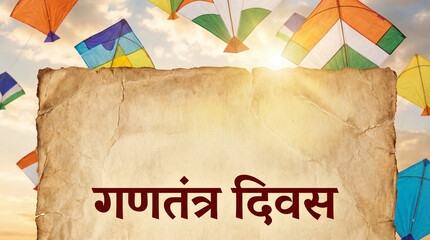 Republic day greeting on vintage paper scroll with colorful kites flying in a vibrant sky