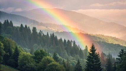 Obraz premium Vibrant rainbow arching over lush green mountains during the golden hour in a serene forest landscape