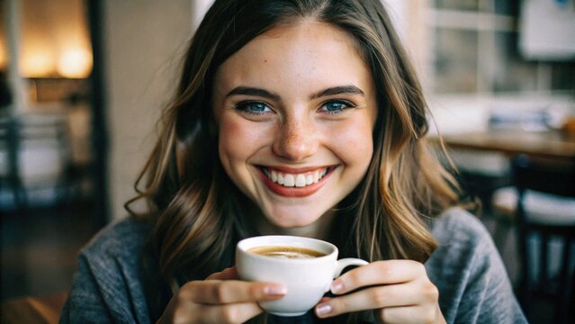 Smiling young woman enjoys coffee at a cozy cafe during a bright morning in the city - Powered by Adobe