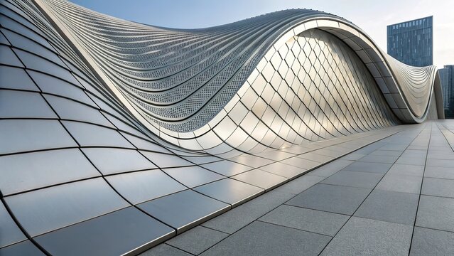 Smooth metallic wave mesh structure creates a dynamic architectural landscape in an urban setting