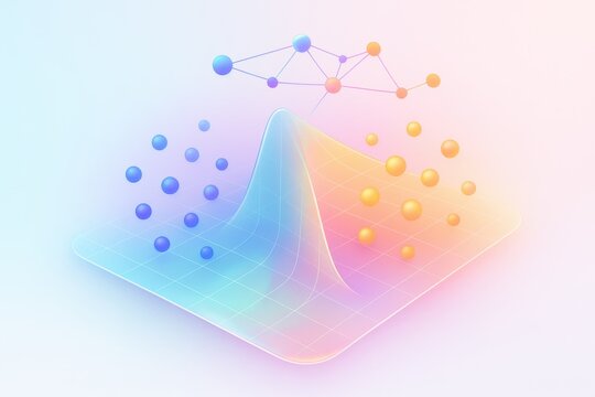 Abstract data visualization showcasing a colorful gradient surface with dispersed geometric shapes representing statistical trends and intelligent analytics illuminating complex insights