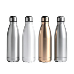 A row of four insulated water bottles in silver, white, and rose gold finishes against a black background.