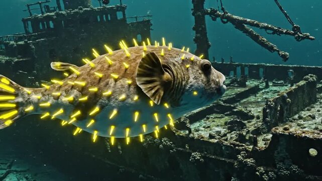 Bioluminescent Pufferfish Swims Near an Ancient Sunken Shipwreck.