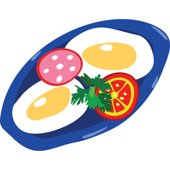Wholesome Breakfast Plate with Fried Eggs Sliced Tomato and Sausage Decorated with Parsley on a Blue Oval Dish