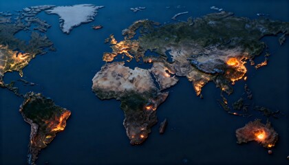 Nighttime satellite-style world map with glowing city lights and fiery hotspots across continents, illustrating global population centers and environmental activity.
