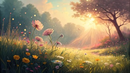 Sunlit meadow with colorful flowers and soft bokeh creating a tranquil atmosphere in nature