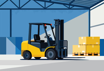Naklejka premium A yellow forklift stands inside a warehouse, with boxes on a pallet. Abstract flat color illustration