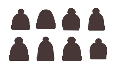 Knitted winter hat with pompom , doodle style flat vector silhouette set for web, social media, card or banner design .