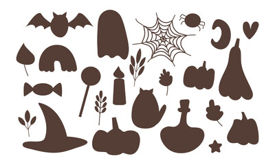 Halloween icon set with holiday symbol for celebration isolated on white background. Vector outline illustration. Design for greeting card, flyer, banner, print
