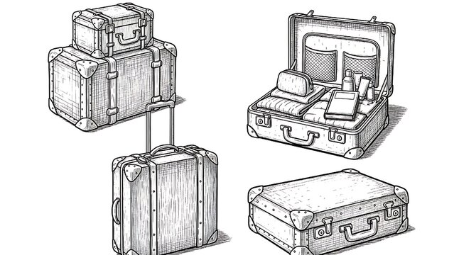 Handdrawn sketch illustration of vintage travel suitcases, depicting various arrangements including stacked, open with contents, and closed, isolated on white background