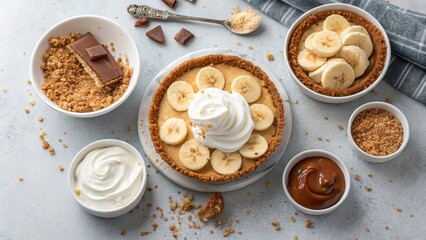 Delightful deconstructed banoffee pie arrangement with fresh ingredients and textures on a light background