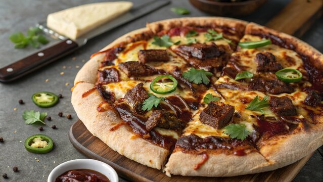 Delicious brisket pizza topped with fresh herbs and jalapenos, perfect for gatherings and celebrations