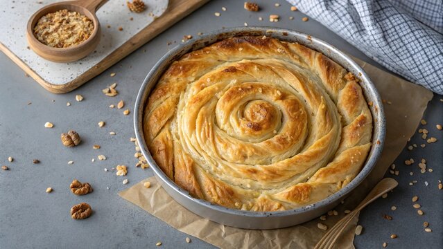 Freshly baked banitsa spiral delight from Bulgaria, perfect for breakfast or dessert shared with loved ones