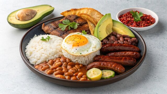 Delight in a vibrant bandeja paisa feast showcasing Colombia\'s rich culinary heritage from a top-down perspective