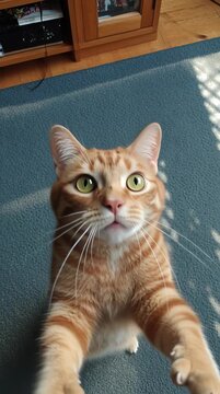Un gato naranja levanta sus patas delanteras en un gesto dram&aacute;tico, con una expresi&oacute;n de sorpresa o s&uacute;plica en su rostro.