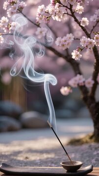 Una vara de incienso humeante sobre una bandeja de madera, enmarcada por un exuberante cerezo en flor.