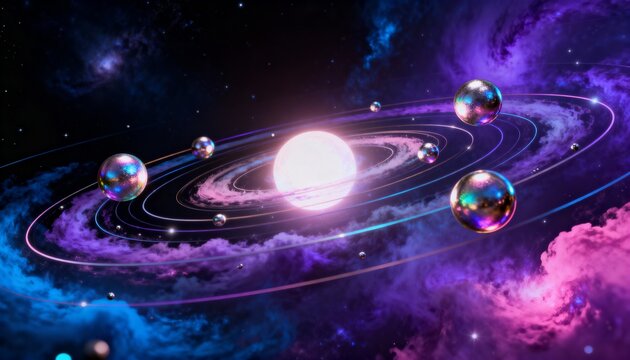 Surreal cosmic scene: a luminous ringed star with glowing orbital rings and iridescent spheres drifting amid purple-blue nebula clouds.
