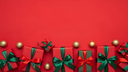 Festive red christmas gift boxes adorned with green bows and golden ornaments arranged in a horizontal line across a vibrant red background with ample copy space above