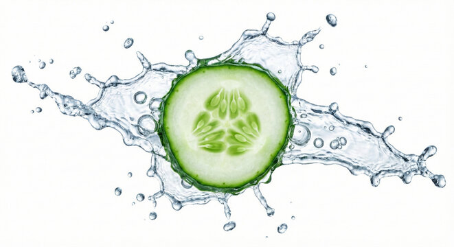 Fresh green cucumber slice water splash isolated on white background