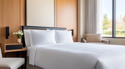 Serene Hotel Room Crisp White Linens and Natural Light from Window View.