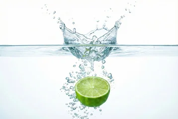 Tableau sur plexiglas  Fresh green lime slice splashing in water on white background  © ruzz