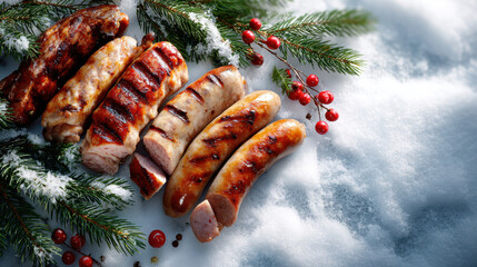 Grilled sausages arranged on snow with pine branches and red berries for winter holiday cooking theme