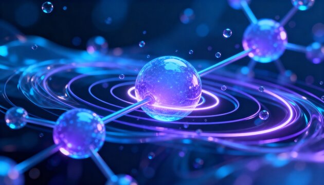 Glowing neon blue-violet atoms connected by rods and orbital rings - a futuristic molecular and quantum science visualization.